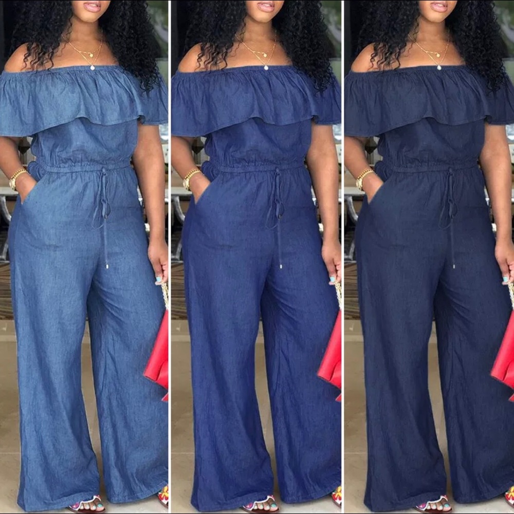 Off-Shoulder, Wide-Legged, Jean-Look, Jumpsuit